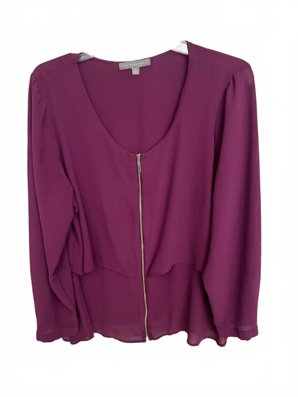 419 NY Collection XL 22" PTP Scoop Neckline Longsleeve Zip Front Blouse R0000419